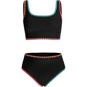 Kids 2XL Bikini Swimsuit Black High Waist Colorful Trim Swimwear‎